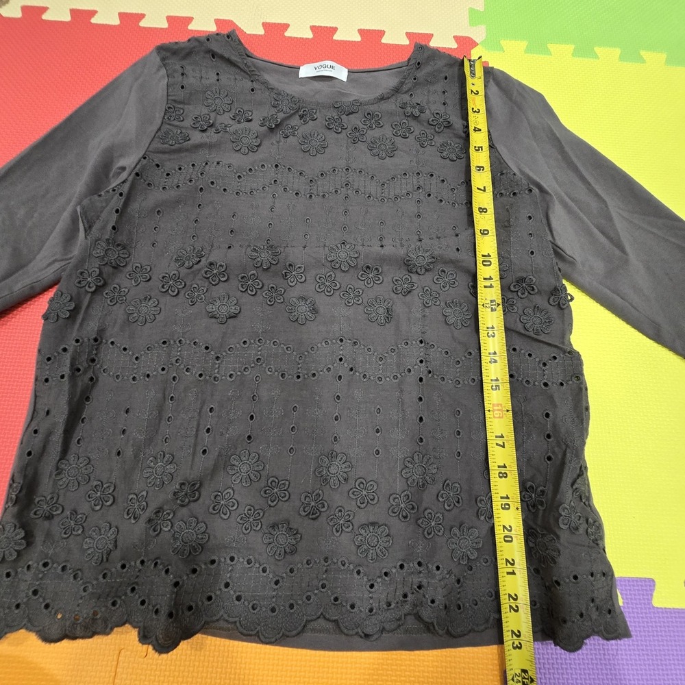 VOGUE Korea Grey Cotton Eyelet Lace Floral Long Sleeve Top Blouse - One...